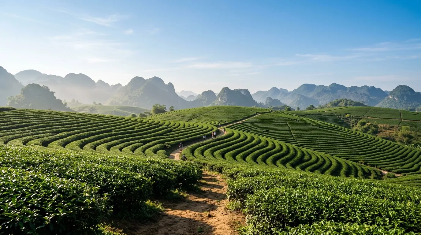 Rừng thông Bản Áng soi bóng xuống mặt hồ nước phẳng lặng lúc chiều tà